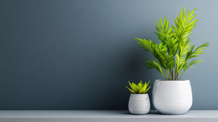 Fototapeta premium Two green houseplants in modern white pots placed against a neutral background, creating a minimalist and calming decor.