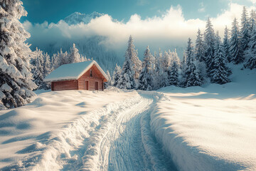 A serene snow covered pathway leads to cozy winter cabin, surrounded by majestic trees and mountains. tranquil scene evokes sense of peace and winter beauty