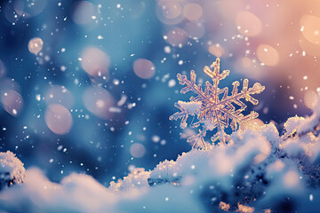 A delicate snowflake rests on snowy surface, surrounded by softly falling snowflakes in serene winter landscape. gentle bokeh effect adds magical touch to this tranquil scene