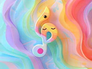 Cheerful Anthropomorphic Musical Note Icon in Vibrant Whimsical Digital