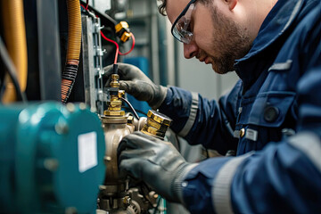 Technician performing maintenance on commercial air system, focused on intricate components and ensuring optimal functionality. environment is industrial and technical, showcasing expertise