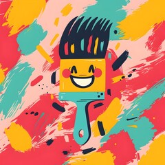 Vibrant Stylized Icon of a Friendly and Creative Paintbrush in a Simple Setting