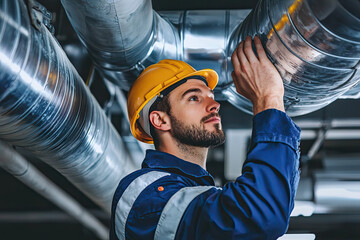 Technician performing maintenance on commercial vent, ensuring optimal airflow and system efficiency. focused expression highlights importance of his work