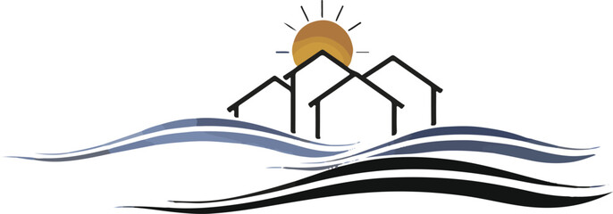 
basic house logo, square, for architect company, black and white, three blue waves, sun, house
