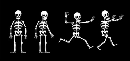 Skeletons in various playful poses. Cartoon skeleton running scary. Halloween. Vector isolated illustration.