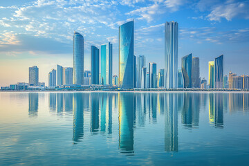 stunning Abu Dhabi skyline features modern skyscrapers reflecting beautifully in calm waters, showcasing blend of architectural brilliance and serene nature