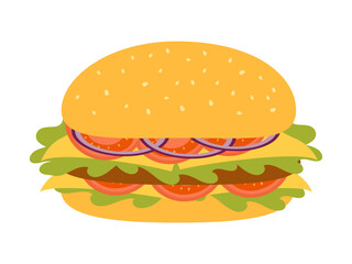 Vector illustration of burger isolated on white background. Hamburger with tomato, lettuce, cheese, onion, cutlet. Concept design fast food.