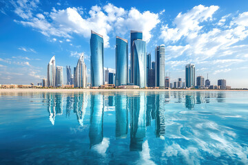 stunning Abu Dhabi skyline features modern skyscrapers reflecting beautifully in calm waters, showcasing vibrant cityscape under bright blue sky