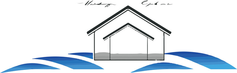 
basic house logo, square, for architect company, black and white, three blue waves, sun, house

