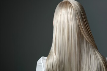 Naklejka premium Woman with Long Platinum Blonde Hair and Silvery Shine Against Minimalist Dark Background