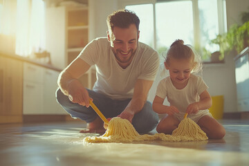 Father and daughter are having fun while cleaning the kitchen floor together, showing a great example of family bonding