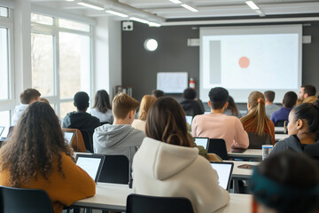 University Students Engaging in Classroom Lecture with Laptops for Learning