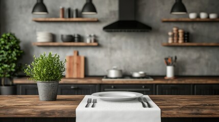 Elegant kitchen scene featuring stylish decor, modern utensils, and fresh greenery on a rustic wooden table.