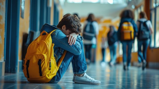 Lonely Student Sitting in School Hallway with Yellow Backpack, Conveying Isolation and Bullying