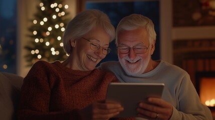 Smiling older couple relaxing at home, engaging with a tablet, illuminated by soft festive lighting.