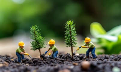 Miniature Workers Planting Trees: Sustainable Future Vision. Tiny Figures in Yellow Helmets Cultivate Pine Saplings Against Green Hills. Eco-Friendly Business Concept for Earth Day, Labor Day, and Cor