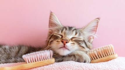 Charming cat cuddled up with cleaning brushes on a pink background