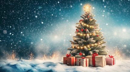 Festive Christmas Tree Outdoors with Snowfall and Wrapped Presents at Night