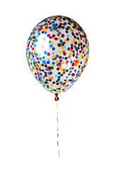 A single, colorful confetti balloon against a black background.