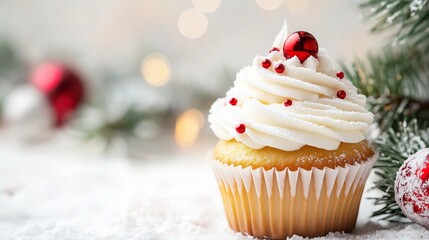 Delicious festive cupcake decorated with cream and red sprinkles during the holiday season on a snowy backdrop with ornaments