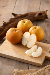 Japanese pears,Asian pears.
Asian pears: any of a variety of pears, mainly of Japanese and Chinese origin, with crisp, juicy flesh and typically have yellow, brown, or green skin.
