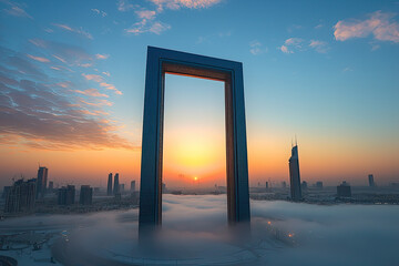 Dubai Frame at sunrise showcases stunning view with vibrant colors and serene atmosphere, surrounded by clouds and city skyline