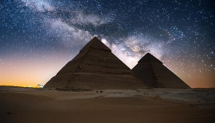Egyptian pyramids illuminated under starry night sky. Milky Way above ancient monuments.