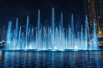 Dubai Mall fountain show at night features stunning water jets illuminated in blue, creating mesmerizing display against city skyline