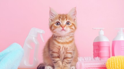 Charming cat lounging with cleaning brushes on a soft pink backdrop