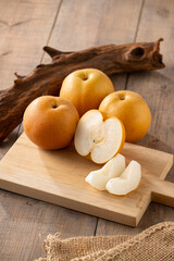 Japanese pears,Asian pears.
Asian pears: any of a variety of pears, mainly of Japanese and Chinese origin, with crisp, juicy flesh and typically have yellow, brown, or green skin.
