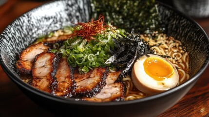 A beautiful bowl of ramen with umami-rich broth, topped with sliced pork, nori, and a soft-boiled egg, showcasing layers of flavor