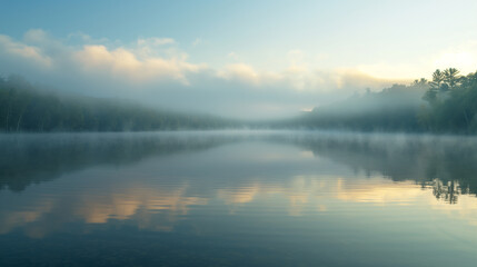 Fototapeta premium Misty lake at sunrise with calm water reflection