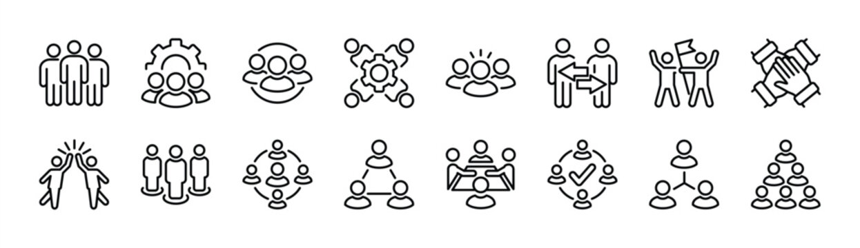 Team thin line icon set. Containing teamwork, group people, achievement, collaboration, cooperation, leadership, meeting, management, togetherness, organization. Vector illustration