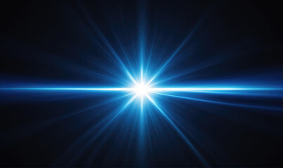 A bright blue light shines in the dark, creating a starburst effect