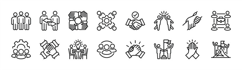 Teamwork thin line icon vector set. Business team working together. Containing cooperation, collaboration, agreement, unity, handshake, help, management, group people, achievement, partnership