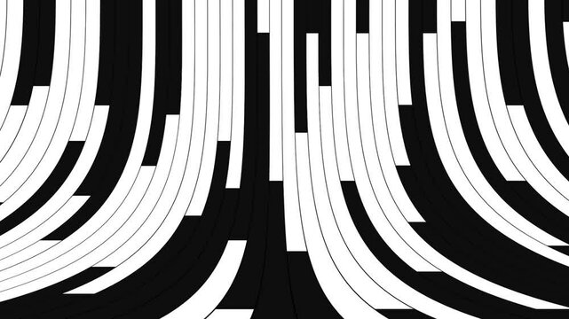 Bended piano keys moving down. Seamlessly loop, abstract black and white musical keyboard, isolated with alpha channel