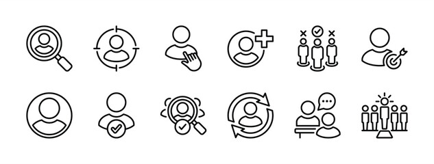 Human resource, headhunting, job hiring, and recruitment thin line icon set. Containing people, person, employee, staff, worker, manpower, leadership, businessman, audience, candidate, manager