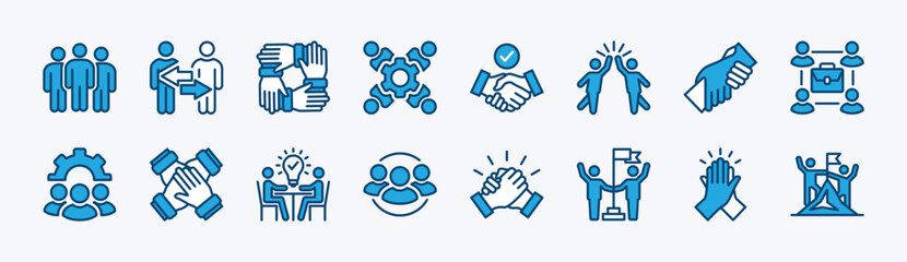 Set of teamwork icon vector. Business team working together. Containing cooperation, collaboration, agreement, unity, handshake, help, management, group people, achievement, partnership