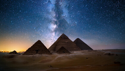 Egyptian pyramids illuminated under starry night sky. Milky Way above ancient monuments.