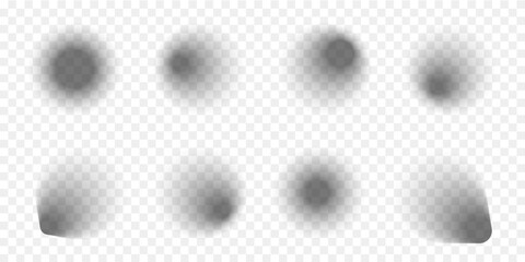 Set of different round shadow effects for mockups. Realistic soft grey shapes. Circular shades isolated on transparent background. Vector realistic illustration.