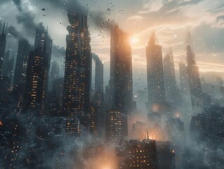 apocalyptic cityscape cluster of damaged skyscrapers dramatic lighting urban destruction scene