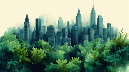 Fototapeta premium A city skyline is shown with a green forest in the background