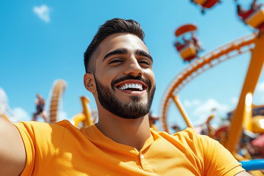 Man in a jump, pointing toward a theme park roller coaster with a huge smile, excited for the ride