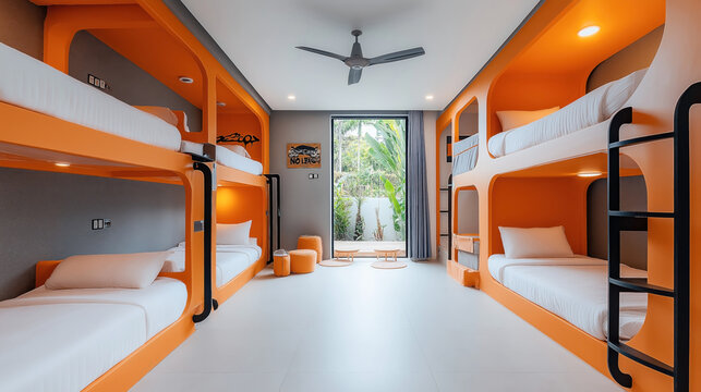 Modern dormitory room with six beds in orange bunk bed setup, minimalist design, white bed linens, ceiling fan, large window with view of greenery, and seating area. - Powered by Adobe