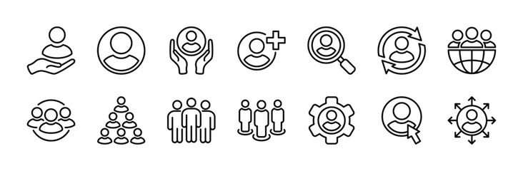 Human resource thin line icon vector set. Containing business group people, recruitment, team management, connectivity, community, global connection, organization, social network, changeover, choose