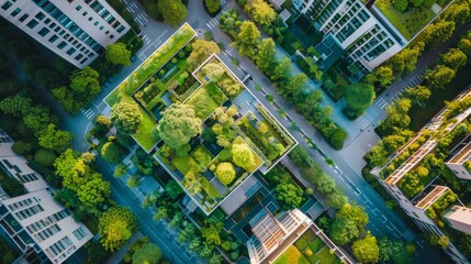 Green infrastructure and eco-friendly city. There are trees and green plants inside the building and around the road seen from above. Healthy city with eco-friendly buildings and structures.
