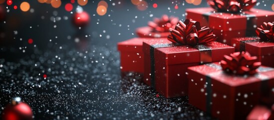 Christmas gifts wrapped in paper with golden ribbons in bokeh light background