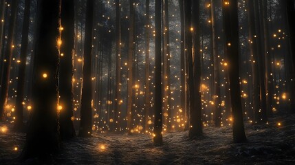 Obraz premium Enchanting Firefly Glow in Mystical Autumn Woodland Landscape at Night