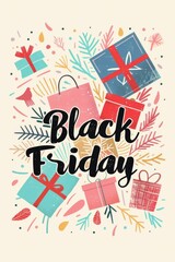 Black Friday poster with gift boxes, flowers, and text, background