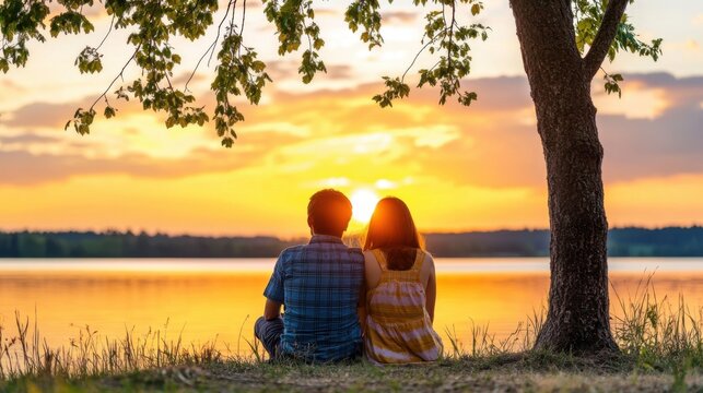 Romantic Sunset Moment - Couple Sitting Under Tree by Lake with Warm Light Reflection, Intimate Relationship Scene